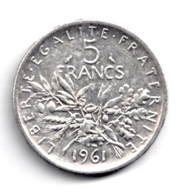 FRANTA 5 FRANCI 1961 ARGINT EXCELENTA AUNC foto
