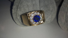 Inel Barbati Luxury Briliant Royal Blue Sapphire,dublu placat aur 24K foto