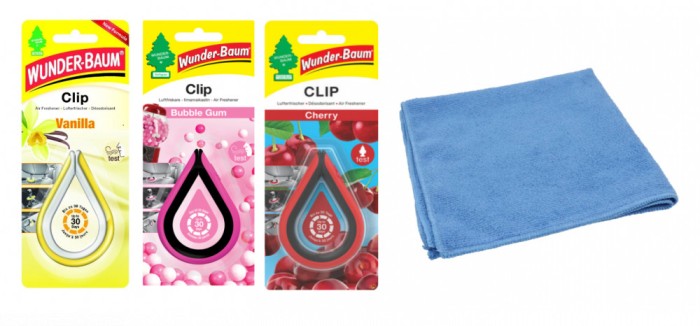 Mix 3 odorizante auto Wunder- Baum Clip Vanilla -Bubble Gum - Cherry si Laveta Microfibra