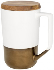 Cana de cafea/ceai, 470 ml, cu capac din lemn, Everestus, TE, ceramica si lemn, alb, saculet de calatorie inclus foto