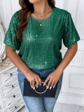 Bluza cu maneci scurte si cu paiete, verde, dama, Shein, Shein Curve