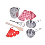 Set joaca Vase si accesorii bucatarie pentru copii, 9 piese din metal, lemn si plastic, ATU-080876, Oem