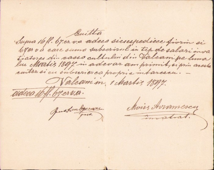 A2548N Chitanță olografă salariu &icirc;nvățător rom&acirc;n Vălcani Timiș 1897