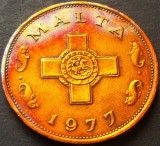 Moneda exotica 1 CENT - MALTA, anul 1977 *cod 2463 = patina curcubeu, Europa