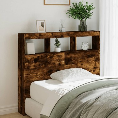 Gossi tablie de pat cu dulap si led, stejar fumuriu, 120x17x102 cm foto