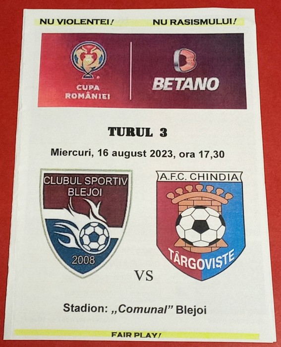 Program meci fotbal CS BLEJOI - AFC CHINDIA TARGOVISTE (16.08.2023)