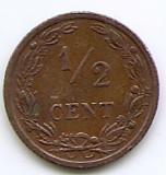 Olanda &frac12; Cent 1903 - Wilhelmina, Bronz,14 mm KM-133, Europa