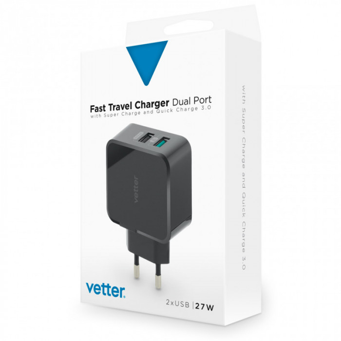Accesorii auto si calatorie Vetter Fast Travel Charger with Super Charge, 27W Dual Port, Quick Charge 3.0, Black