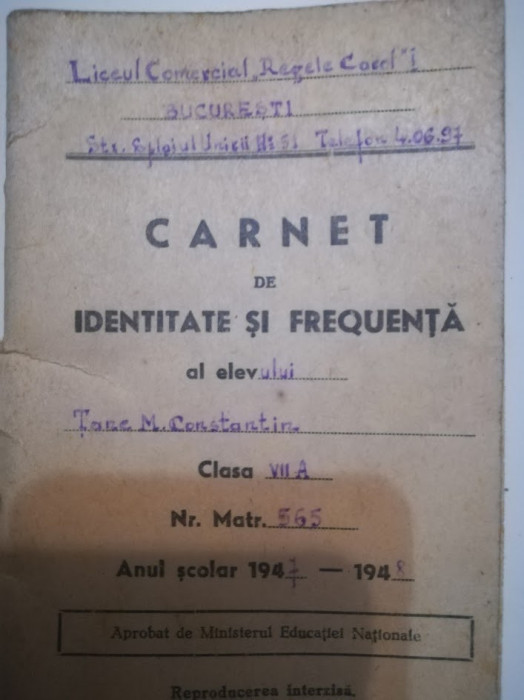 1947, Carnet elev, Liceul comercial Carol I, Bucuresti, istoria invatamantului