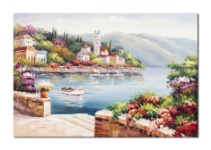Tablou peisaj lacul Como pictat manual, Colt de rai, 100x70cm ulei pe panza in cutit efect 3D, Valentin Pop
