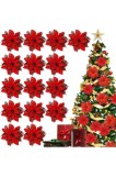 Stea de Crăciun artificială roșie, 15 bucăți flori de poinsettia, flori pentru brad de Crăciun, decorațiuni de Crăciun cu sclipici