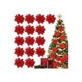 Stea de Crăciun artificială roșie, 15 bucăți flori de poinsettia, flori pentru brad de Crăciun, decorațiuni de Crăciun cu sclipici