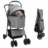 vidaXL Carucior Pisici Pliant Ajustabil Gri 81x47x99cm, Transport Animale, Oxford, Roti Anti-Vibratie, Siguranta &amp; Confort