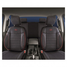 Set Huse Scaune Auto pentru Opel Astra G - Panda Elegant, Negru-Gri cu cusatura rosie, 11 piese