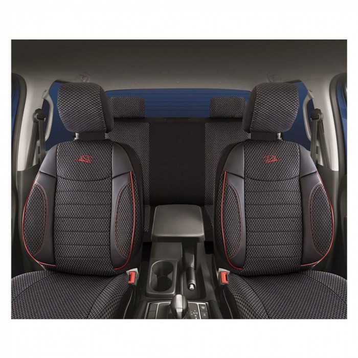 Set Huse Scaune Auto pentru Peugeot 307 - Panda Elegant, Negru-Gri cu cusatura rosie, 11 piese