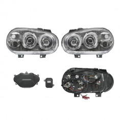 Set faruri VW Golf 4 (1j), 08.1997-09.2006, partea Stanga+Dreapta, Tuning, Fata, cu lumina parcare fibra optica; tip bec H1+H1+H3; manual/electric; t