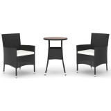 Set bistro de gradina cu perne, 3 piese, negru, poliratan