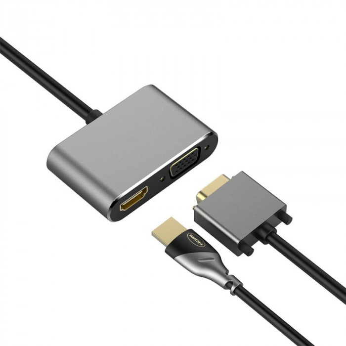 Adaptor multifunctional 2 in 1 USB-C la HDMI Techstar&reg; DJ2IN1, HDMI 4K, VGA 1080P, 1 x USB 3.0, PD Port, Argintiu