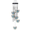 Clopotel de vant cu 5 tuburi sonore metalice argintii pentru casa sau gradina, model Feng-Shui cu 6 fluturi