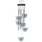 Clopotel de vant cu 5 tuburi sonore metalice argintii pentru casa sau gradina, model Feng-Shui cu 6 fluturi