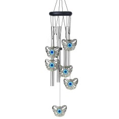 Clopotel de vant cu 5 tuburi sonore metalice argintii pentru casa sau gradina, model Feng-Shui cu 6 fluturi
