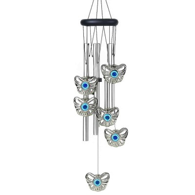 Clopotel de vant cu 5 tuburi sonore metalice argintii pentru casa sau gradina, model Feng-Shui cu 6 fluturi foto