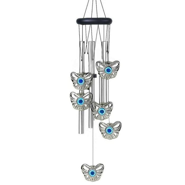 Clopotel de vant cu 5 tuburi sonore metalice argintii pentru casa sau gradina, model Feng-Shui cu 6 fluturi