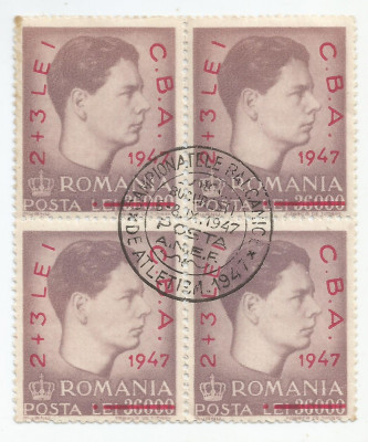 |Romania, LP 220/1947, J.B. de Atletism (supratipar), bloc de 4, oblit. foto