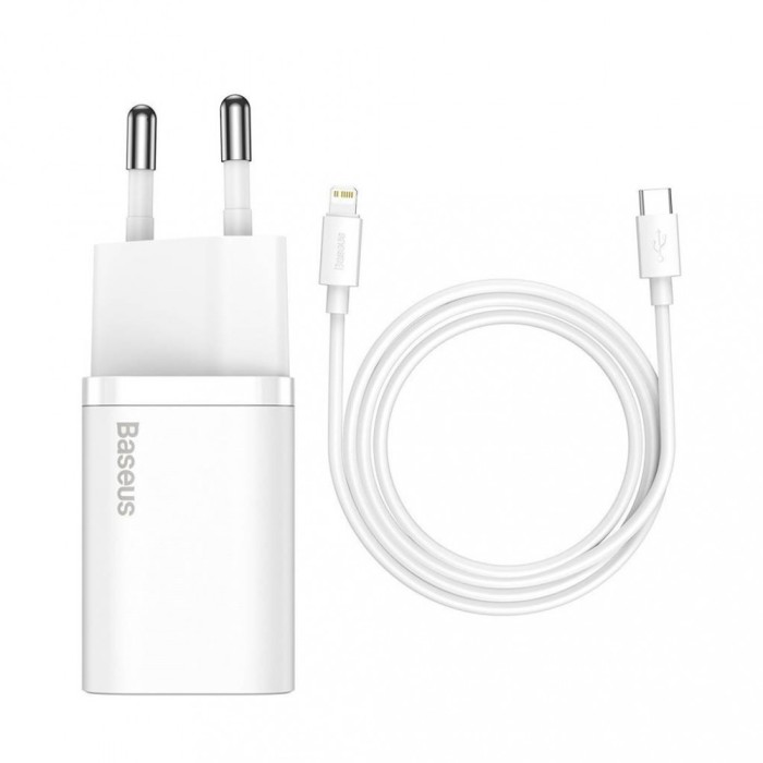 INCARCATOR retea Baseus Super Si, Quick Charge 20W, 1 x USB Type-C 5V/3A max, include cablu USB Type-C la Lightning Iphone 1m, alb &quot;TZCCSUP-B02&quot; (timb