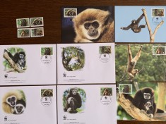 laos - maimute - serie 4 timbre MNH, 4 FDC, 4 maxime, fauna wwf