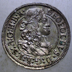 G.324 AUSTRIA LEOPOLD I 3 KREUZER 1668 XF/AUNC HALL ARGINT VARIANTA 1