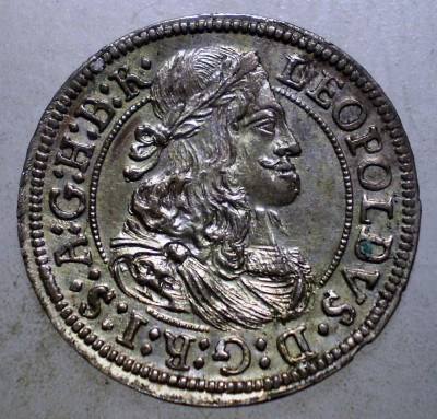 G.324 AUSTRIA LEOPOLD I 3 KREUZER 1668 XF/AUNC HALL ARGINT VARIANTA 1 foto