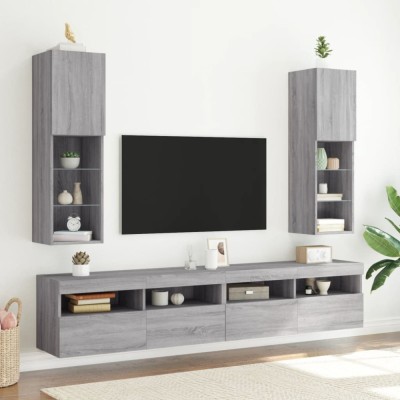 vidaXL Comode TV cu lumini LED, 2 buc., gri sonoma, 30,5x30x102 cm foto