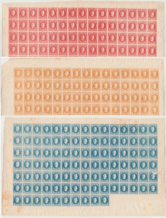 1864 Romania &ndash; Cuza neemise, set de 3 coli intregi x 100 timbre, multe varietati