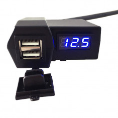 Priza USB x 2 si Voltmetru moto, waterproof, rezistenta la apa, led albastru foto