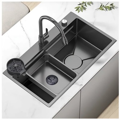 Set Chiuveta Bucatarie Inox cu Baterie Dubla, Cuva Universala cu Dop Scurgere, Spalator Pahare, Negru Grafit, 75x45X21cm foto