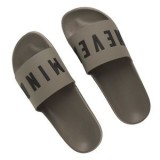 Papuci de plaja slides pentru barbati, culoare kaki, cu banda reliefata cu mesajul 'Never Mind', CMCLASS
