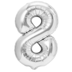 Balon din Folie Metalizata, Cyrax, Figurina Cifra, Tema Aniversare 100 cm, Ambalaj Individual, Pai inclus, Umflare cu Aer sau Heliu, Argintiu, Cifra 8