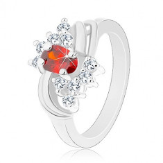 Inel de culoare argintie, zirconiu oval portocaliu, zirconii transparente, arcade lucioase - Marime inel: 54