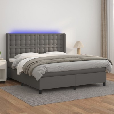 vidaXL Pat cu arcuri, saltea și LED, gri, 160x200 cm, piele ecologică 3139395 foto