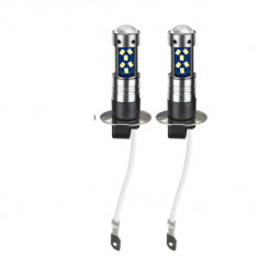 Set 2 becuri auto LED H3 cu lupa, 60W, 27 SMD, 12V, 6000K, BZRSH