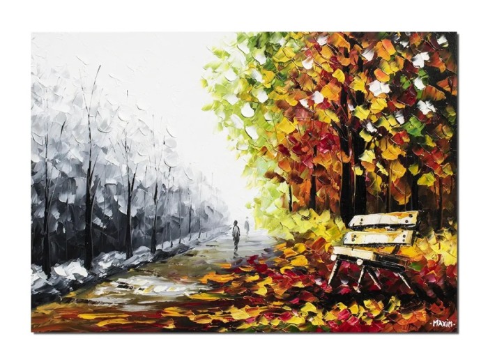 Tablou pictat manual, Alee in parc, 70x50cm ulei pe panza in cutit efect 3D, spectaculos