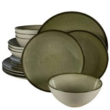 Set farfurii 16 piese, Earth Green, Cesiro, Alb Ivoire cu verde