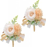 Set de 2 flori decorative pentru mireasa TogtherKings, matase, alb/sampanie/verde, 15 x 12 cm