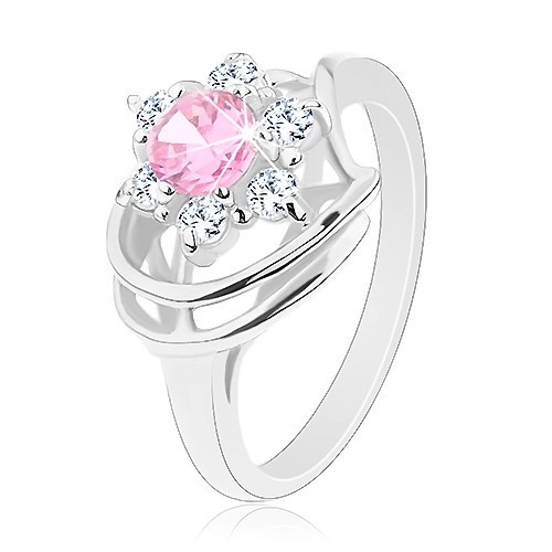 Inel de culoare argintie, zirconiu roz deschis &icirc;n formă de floare, arcade strălucitoare - Marime inel: 52