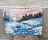 Tablou peisaj rural de iarna, pictura rom&acirc;nească