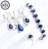Set bijuterii elegante placate cu argint 925, cu cristale de zirconiu albastru-safir, Alama