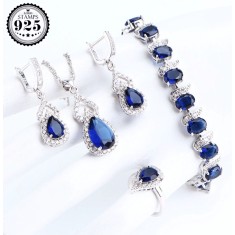 Set bijuterii elegante placate cu argint 925, cu cristale de zirconiu albastru-safir