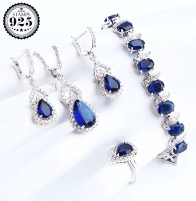 Set bijuterii elegante placate cu argint 925, cu cristale de zirconiu albastru-safir foto