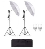 Cumpara ieftin Kit de 2 umbrele albe, 2 trepiezi reglabili 200 cm, 2 becuri LED 25W, geanta de transport inclusa